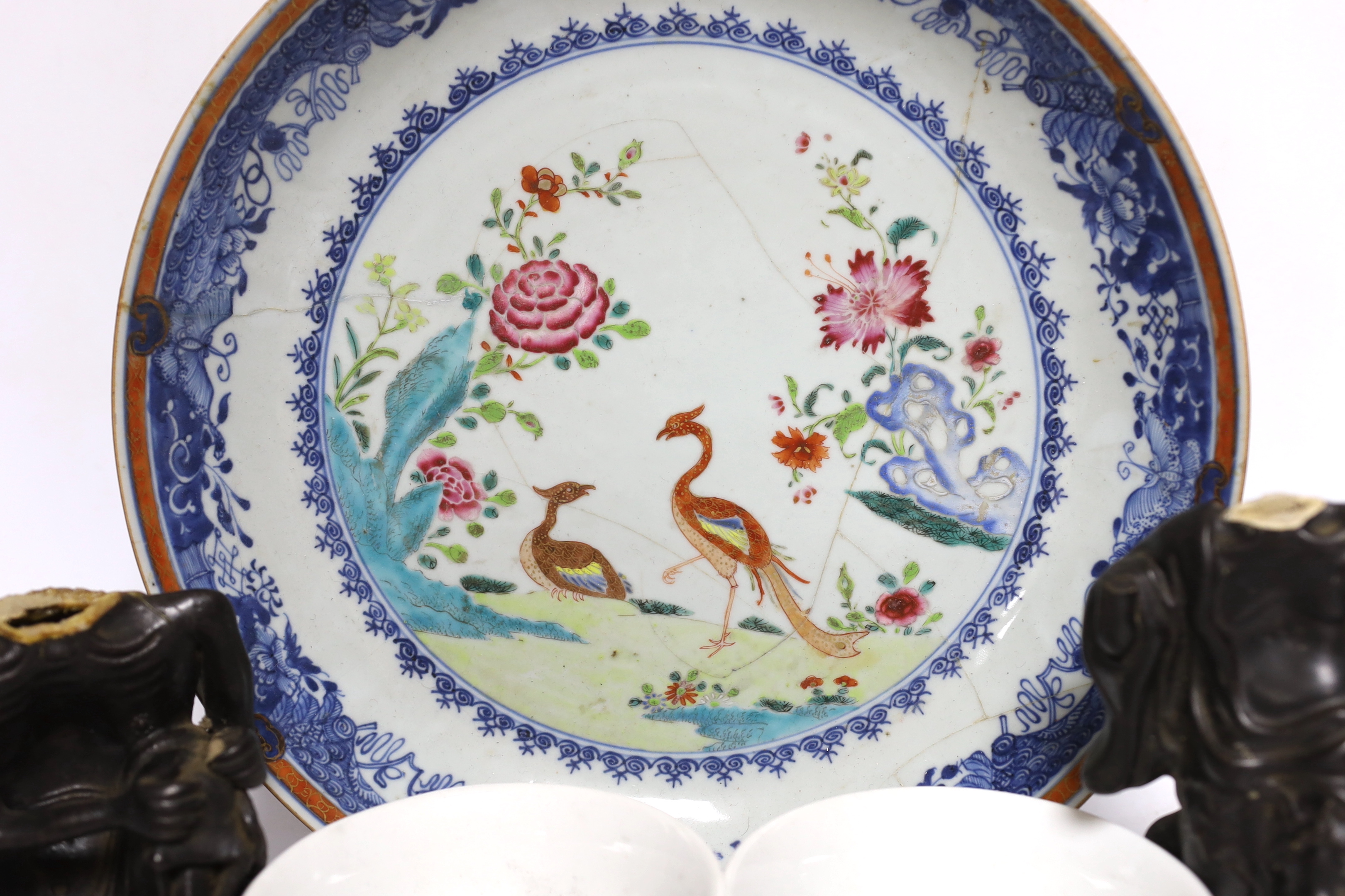 Two Chinese pottery figures of luohan, damaged, 15.5cm and an 18th-century Chinese export famille rose twin pheasant dish and a pair of blue and white bowls, the largest 30cm in diameter
